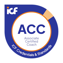 A Credly credential badge, white with blue border and text, displaying the Associate Certified Coach (ACC) Credential